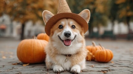 Playful Corgi with Straw Hat Surrounded by Pumpkins in Autumnal Setting with Warm Colors and Natural Background