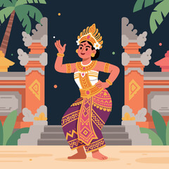 Balinese Dancer in Traditional Costume Performing in Front of Temple
