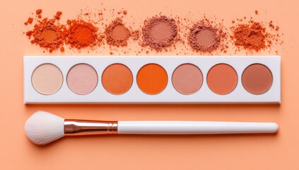 A vibrant palette of warm, peachy-orange eyeshadows, complemented by a makeup brush, sits atop a peachy background, showcasing a trendy aesthetic.