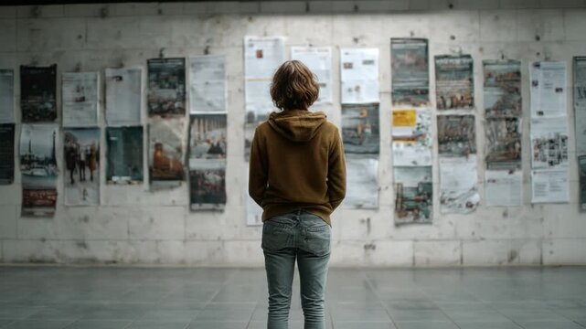 Contemplation in Gallery: A solitary figure gazes at a collection of posters displayed on a wall, bathed in subdued lighting, evoking feelings of reflection, observation, and narrative exploration.