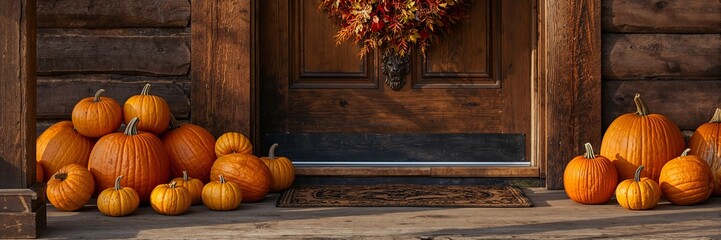 A welcoming display of pumpkins and autumn wreath on a wooden porch, ready for the harvest season. The scene exudes warmth and festive cheer