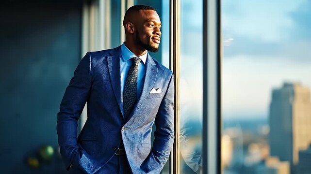 A man in a blue suit standing by a window