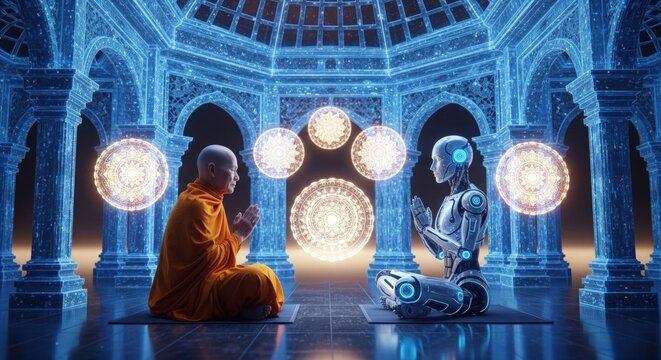 A Buddhist monk and a robot meditating together in a futuristic temple with glowing mandalas.