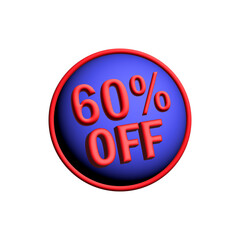 Bold 3D sale badge shows 60% off on a vivid blue circle with a red border, ideal for promotions, discounts, and advertising campaigns across retailers and e-commerce.