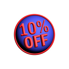 Bold 3D sale badge shows 10% off on a vivid blue circle with a red border, ideal for promotions, discounts, and advertising campaigns across retailers and e-commerce.