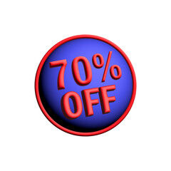 Bold 3D sale badge shows 70% off on a vivid blue circle with a red border, ideal for promotions, discounts, and advertising campaigns across retailers and e-commerce.