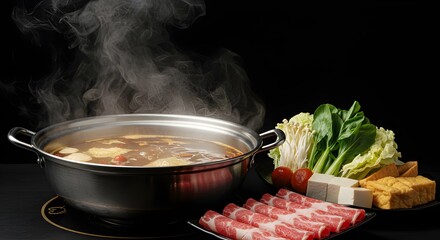 "Chinese hot pot with bubbling broth, steam clouds rising, fresh ingredients around, elegant composition, side perspective, dark background."