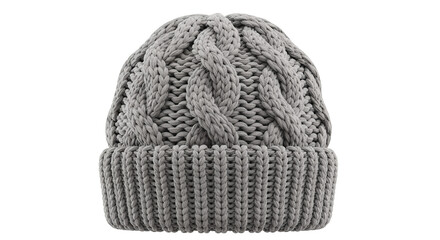 Grey Cable Knit Beanie Hat on Transparent Background