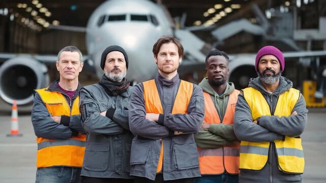 Aviation Professionals: A group of diverse aviation professionals stand proudly in front of an aircraft, embodying competence and collaboration in the world of aviation.