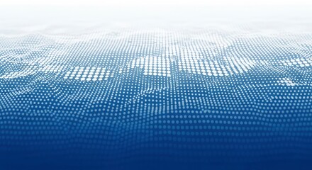 An abstract visual features a surface of interconnected white dots on a gradient blue field forming an undulating digital-like wave pattern with a receding perspective