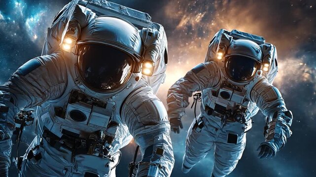 Celestial Wanderers: Two astronauts, weightless in the inky blackness of space, embark on a voyage among distant nebulas and countless stars, a tribute to human ambition and the call of the cosmos.