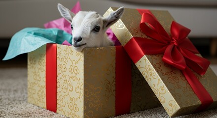 Goat emerging from a decorated gift box with red ribbon and colorful paper