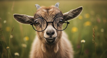 Goat wearing glasses on a blurred background