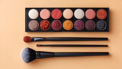 A collection of colorful eyeshadow palettes and makeup brushes arranged on a neutral background.