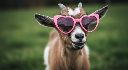 Goat with heart shaped sunglasses posing outdoors against green background