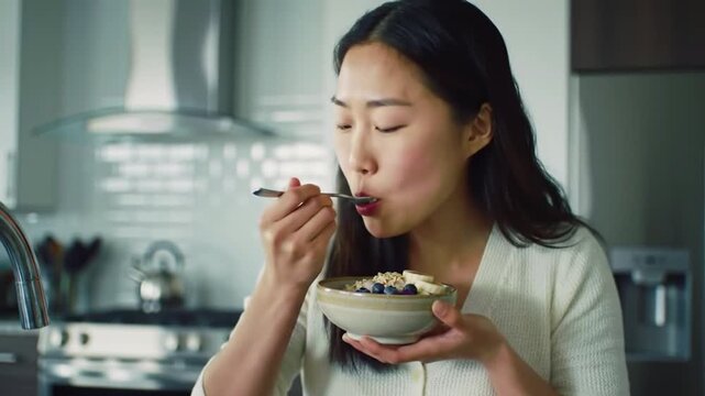 woman eating healthy breakfast oatmeal with fruit