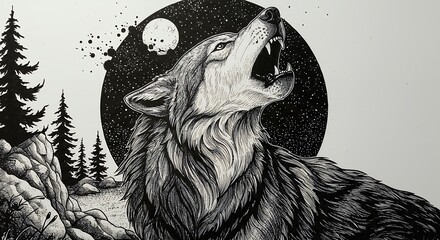 Illustration of a howling wolf with night sky background