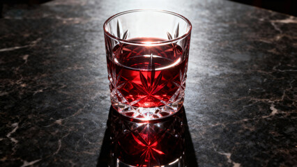 Red drink in glass on table