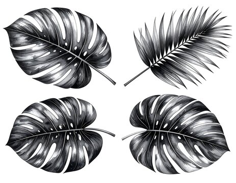 Monochrome illustration of four tropical leaves; two monstera and two palm fronds