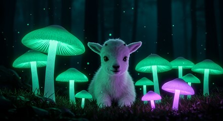 Puppy surrounded by glowing mushrooms in a dark forest fantasy scene