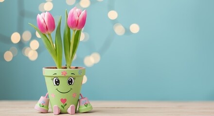 Smiling flower pot with pink tulips on turquoise background with bokeh lights