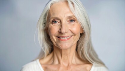 Close-up portrait of a smiling, mature woman with long, gray hair against a soft, light gray background