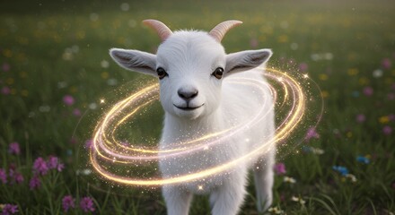 White goat in a green meadow with glowing embellishments nature and wildlife imagery