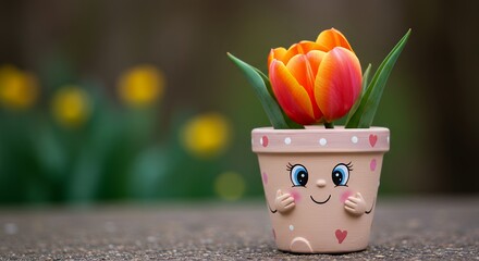 Vibrant tulip in decorative pot against blurred background