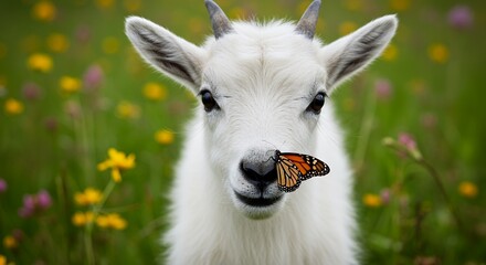 White goat with butterfly on nose in floral meadow portrait