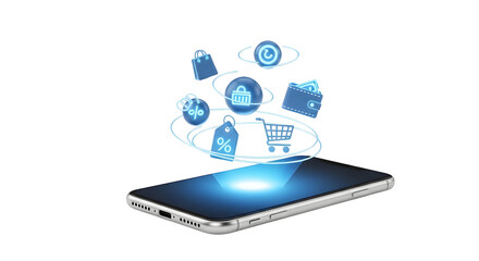 Mobile shopping experience with floating shopping cart and sale icons from smartphone, modern e-commerce design, seamless online purchase, digital retail