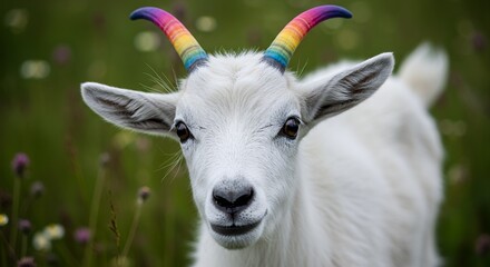 White goat with rainbow colored horns on a green background