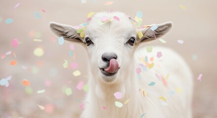 White goat with confetti festive celebration concept