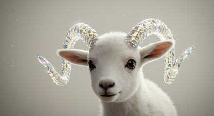 White ram portrait with textured horns against a neutral backdrop