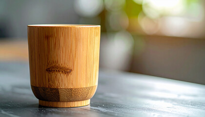 Bamboo cup on table surface, wooden tableware, background softly blurred, product presentation