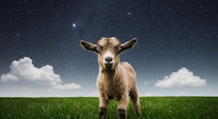 Young goat standing in green field under a starry night sky
