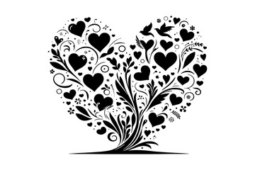 Black heart tree with flying birds and floral elements love