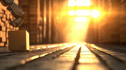 logistic Warehouse Interior A robotic arm picking up a box from a conveyor belt in a modern automated warehouse, representing automation in logistics and supply chain efficiency.