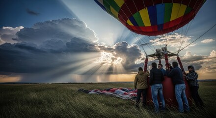 A group of people preparing a hot air balloon for flight at sunrise with dramatic sunbeams breaking through the clouds.