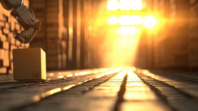 logistic Warehouse Interior A robotic arm picking up a box from a conveyor belt in a modern automated warehouse, representing automation in logistics and supply chain efficiency.