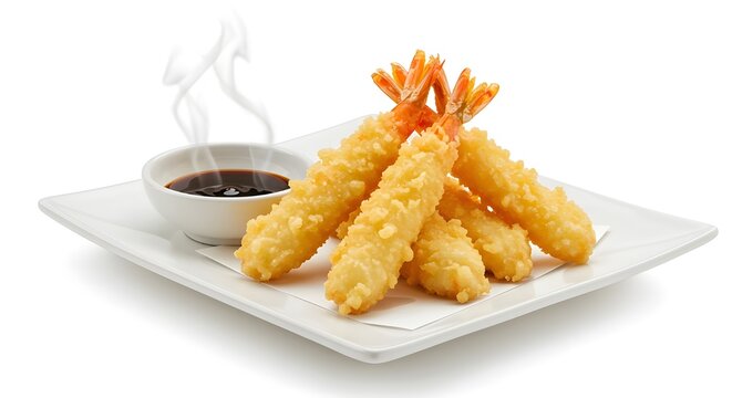 "Japanese tempura prawns plated neatly with dipping sauce, crispy golden texture, subtle steam, side angle, white backdrop."