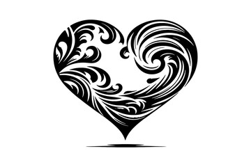 Ornate black heart shape with swirling floral motifs love white