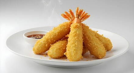 "Japanese tempura prawns plated neatly with dipping sauce, crispy golden texture, subtle steam, side angle, white backdrop."