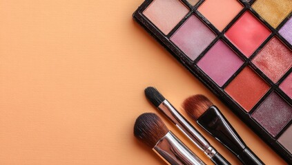 A makeup palette with various shades of pink, red, and brown eyeshadows, alongside makeup brushes, displayed on a muted peach background.