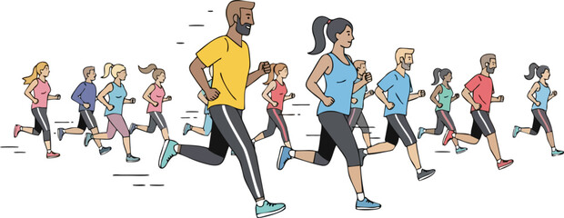 People running. Men and Women jogging. Marathon race concept. Sport and fitness design template with runners and athletes in flat style. Vector illustration.