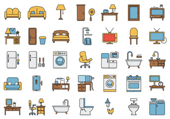 Vector art of a vibrant collection of home interior icons, showcasing essential elements like furniture, appliances, and decorative items, all rendered in a clean, modern style
