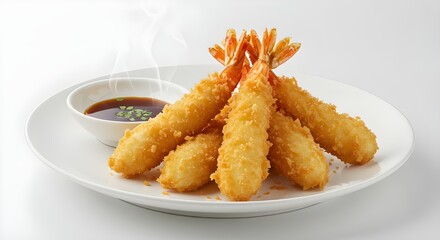 "Japanese tempura prawns plated neatly with dipping sauce, crispy golden texture, subtle steam, side angle, white backdrop."