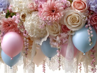 Pastel colored balloons float amid a lush floral arrangement with roses and lace in a festive setting.