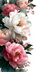 Watercolor peonies create an elegant floral border on a white background ideal for stationery design use.