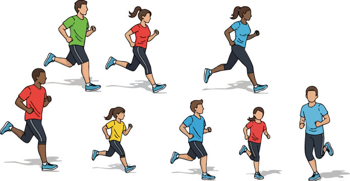 People running. Men and Women jogging. Marathon race concept. Sport and fitness design template with runners and athletes in flat style. Vector illustration.
