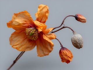 Vibrant orange poppy flower with delicate papery petals and seed pods displayed against a gray background today.